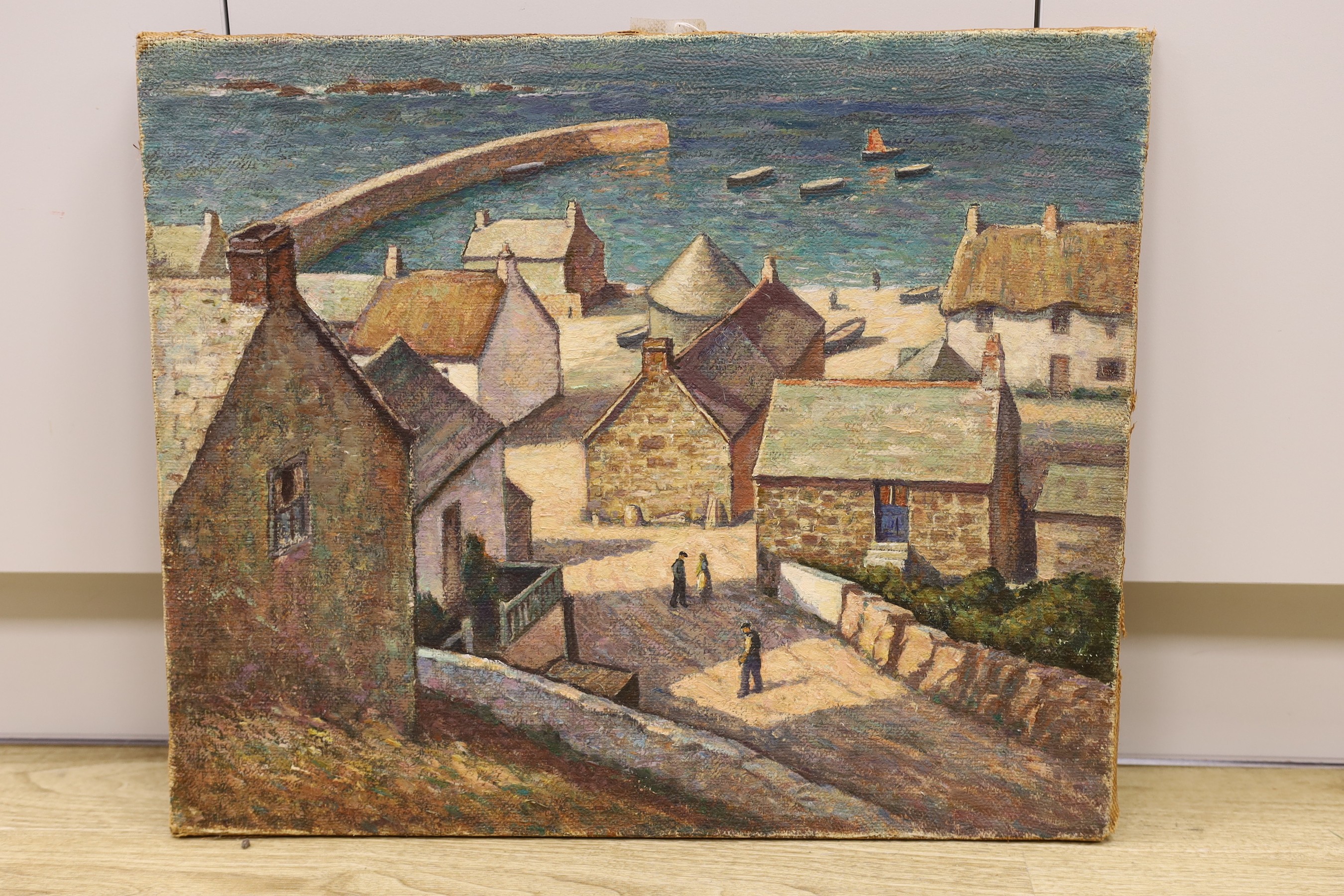 Early 20th century Continental School, oil on canvas, View of a fishing village, 51 x 61cm, unframed